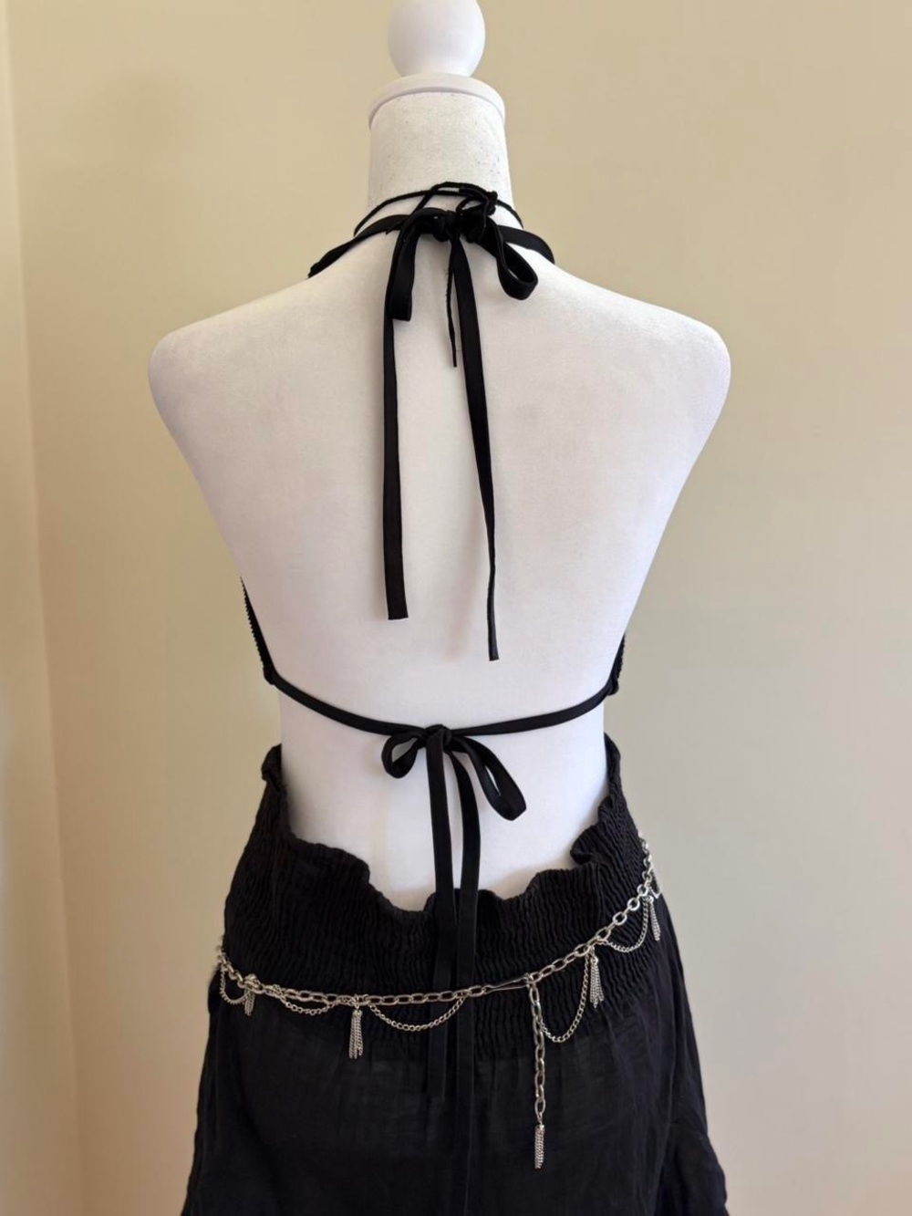 Vintage 90s floral mesh halter top black sheer knit fishnet goth hippie boho S-M - Picture 5 of 11